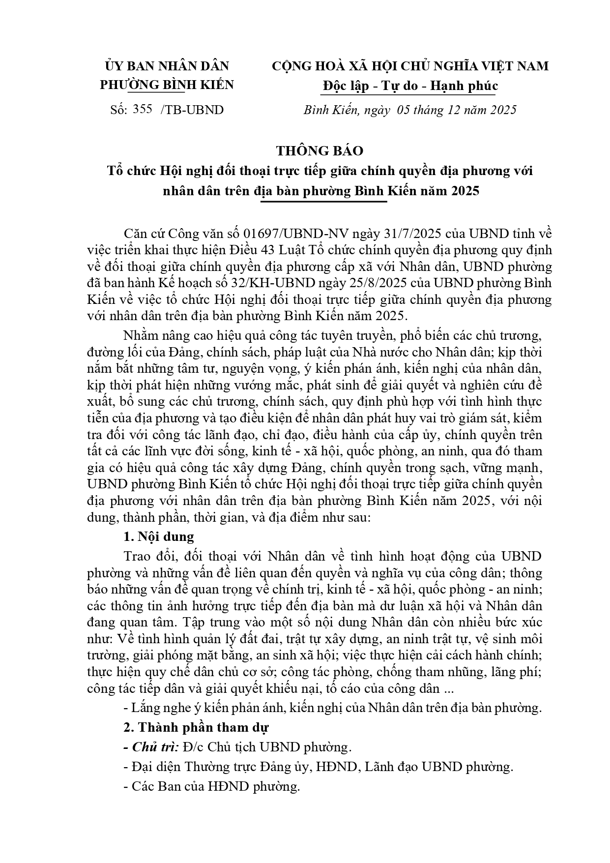 Thông báo tổ chức Hội nghị đối thoại trực tiếp giữa chính quyền địa phương với  nhân dân trên địa bàn phường Bình Kiến năm 2025